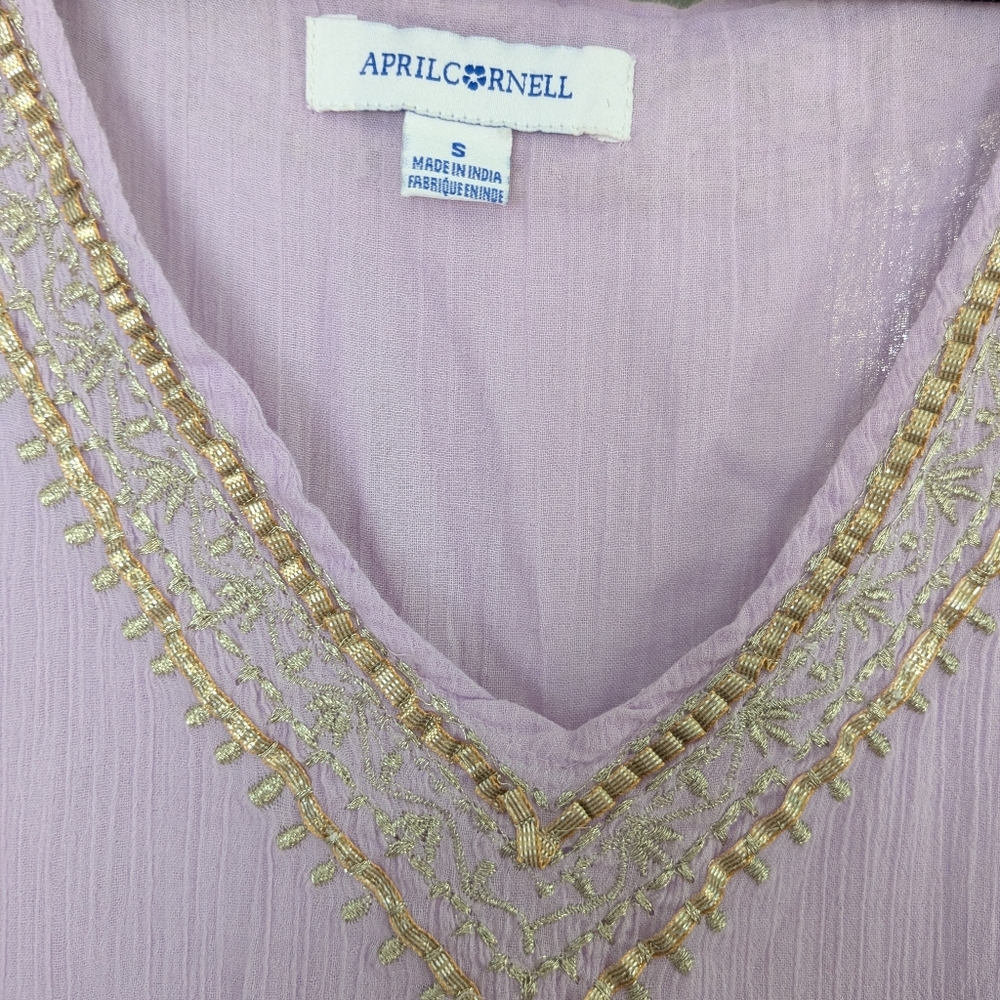 April Cornell Lavender V Neck Cotton Maxi Dress With Gold Embroidery Size Small - Picture 3 of 7